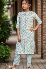 Grey Printed And Stone Work Kurta With Pant Set For Girls