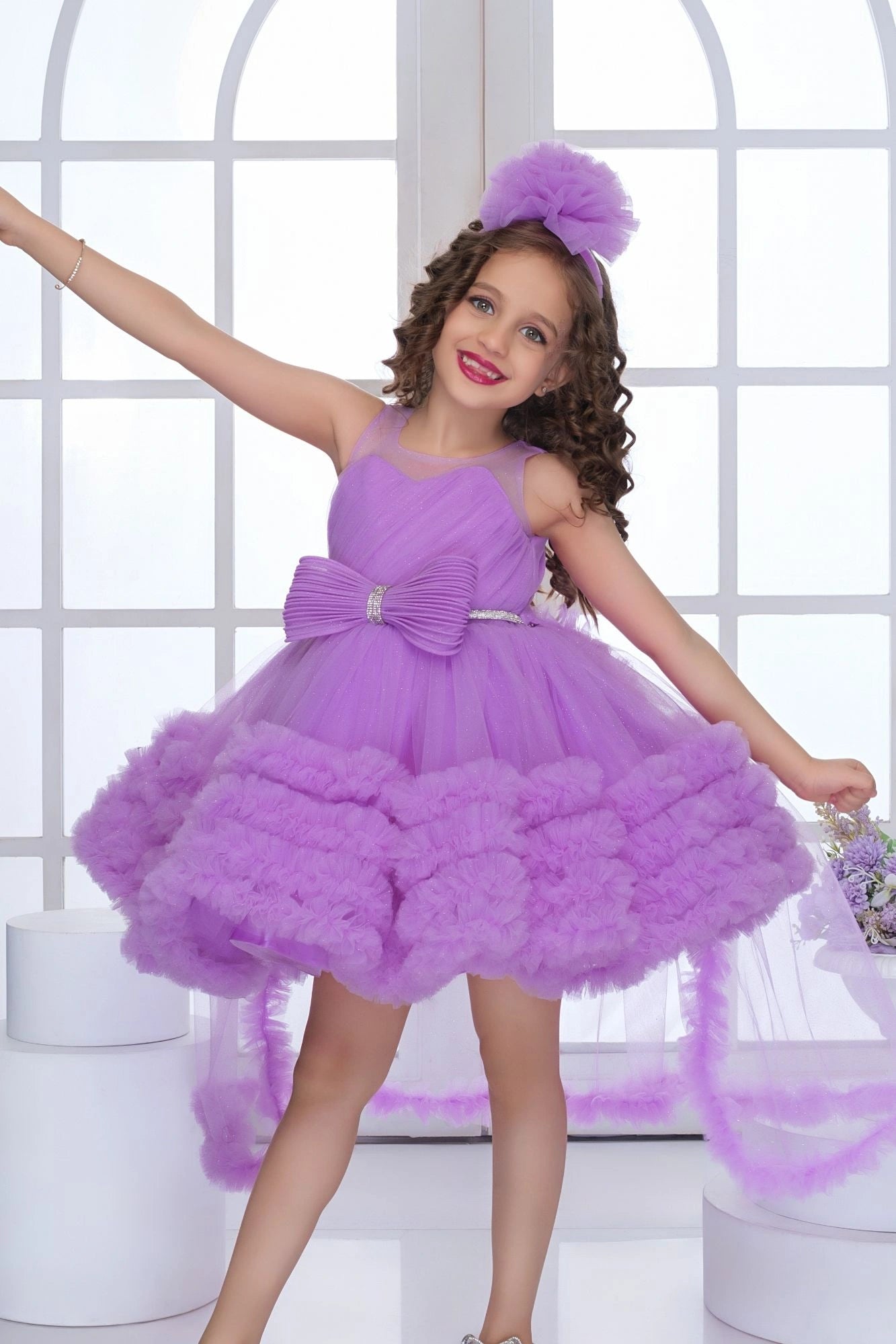 Lavender High-Low Tulle Party Frock with Oversized Bow For Girls