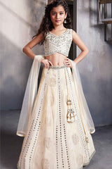 Cream Mirror Work And Embroidered With Bead Work Lehenga Choli For Girls