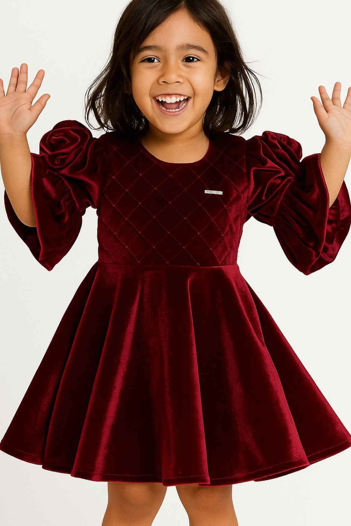 Maroon Velvet Party Wear Frock With Puff Sleeves For Girls