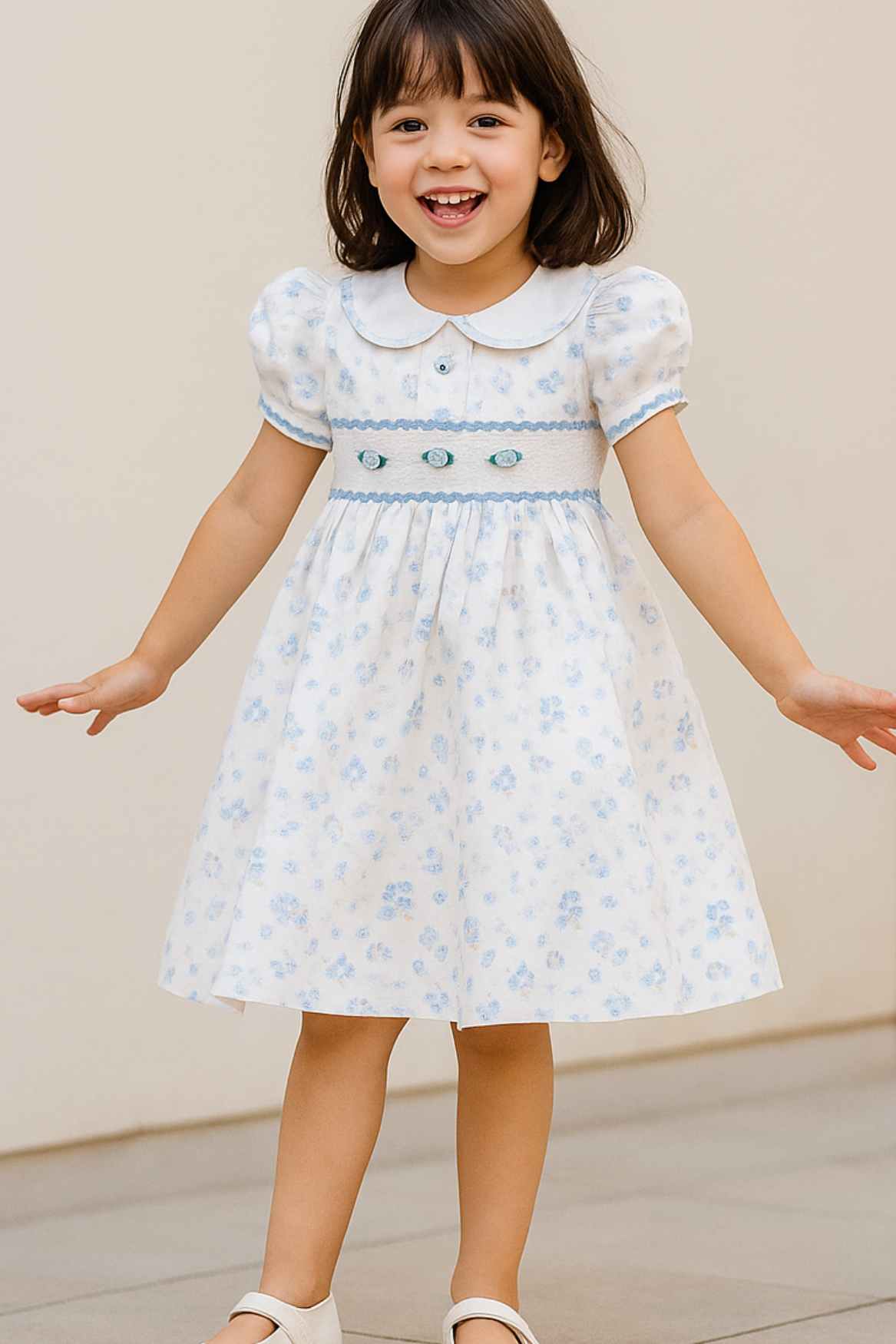 White & Blue Floral Smocked Dress with Peter Pan Collar For Girls