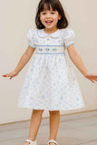 White & Blue Floral Smocked Dress with Peter Pan Collar For Girls