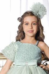 Green Sequins Work With Bow Embellished Party Wear Tailback Frock For Girls