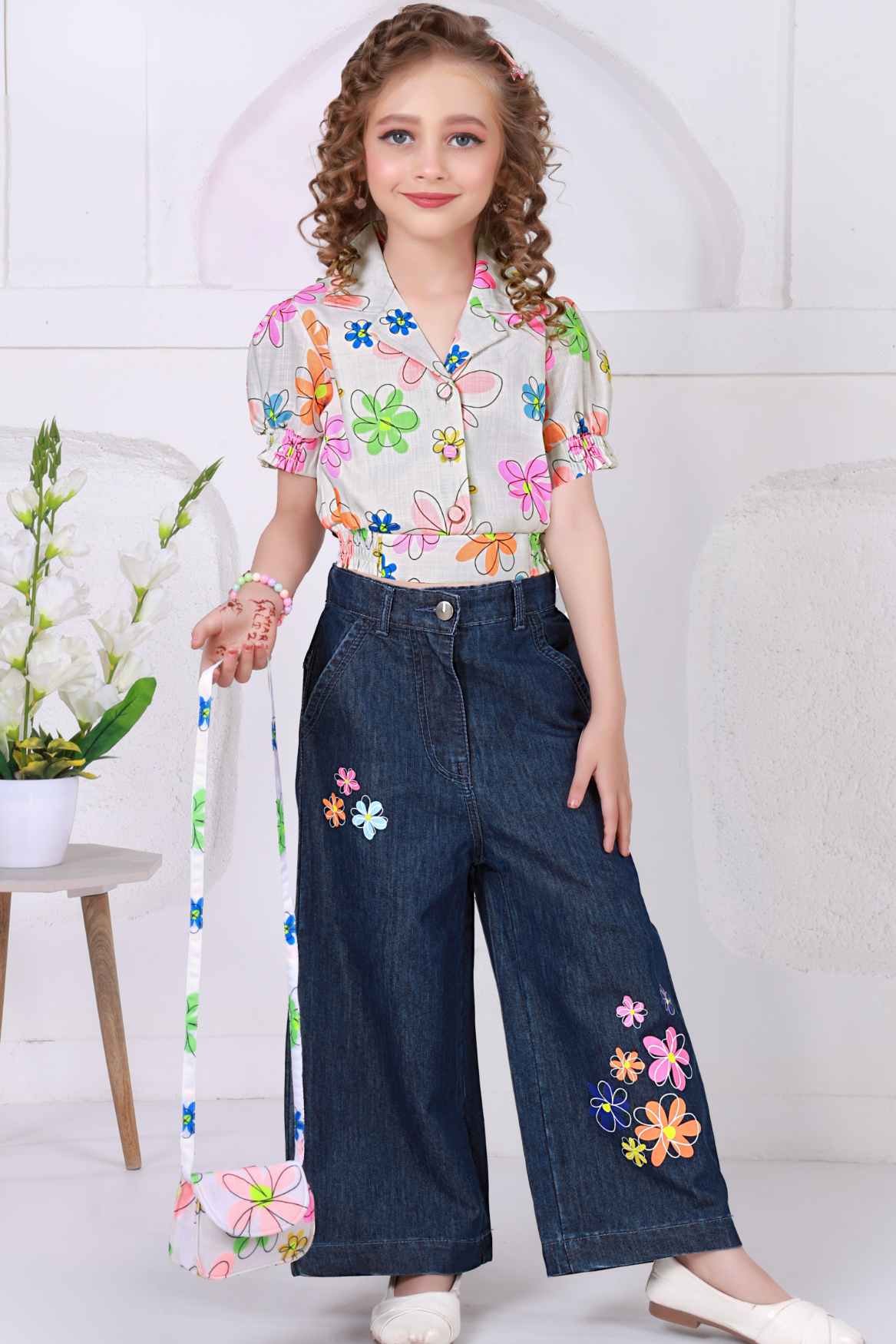 Multicolor Floral Printed Shirt With Dark Blue Embroidered Wide Leg Denim Pants Set For Girls