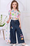 Multicolor Floral Printed Shirt With Dark Blue Embroidered Wide Leg Denim Pants Set For Girls