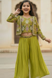 Olive Green Embroidered Palazzo Set with Jacket For Girls
