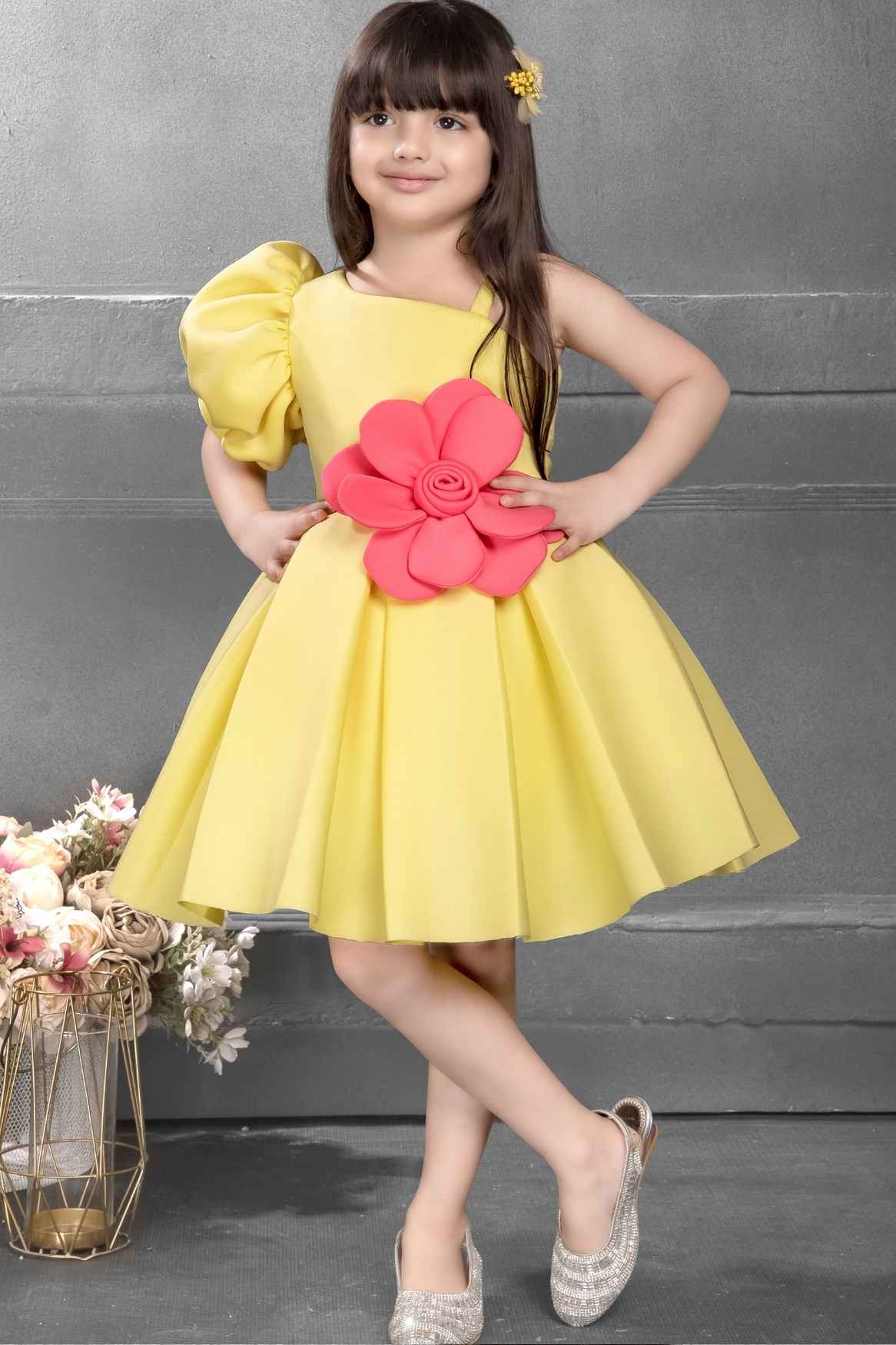 Yellow Frock With Asymmetric Sleeves And Floral Embellished For Girls