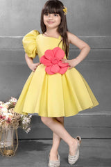 Yellow Frock With Asymmetric Sleeves And Floral Embellished For Girls