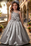 Grey One-Shoulder Embroidered Party Wear Gown for Girls