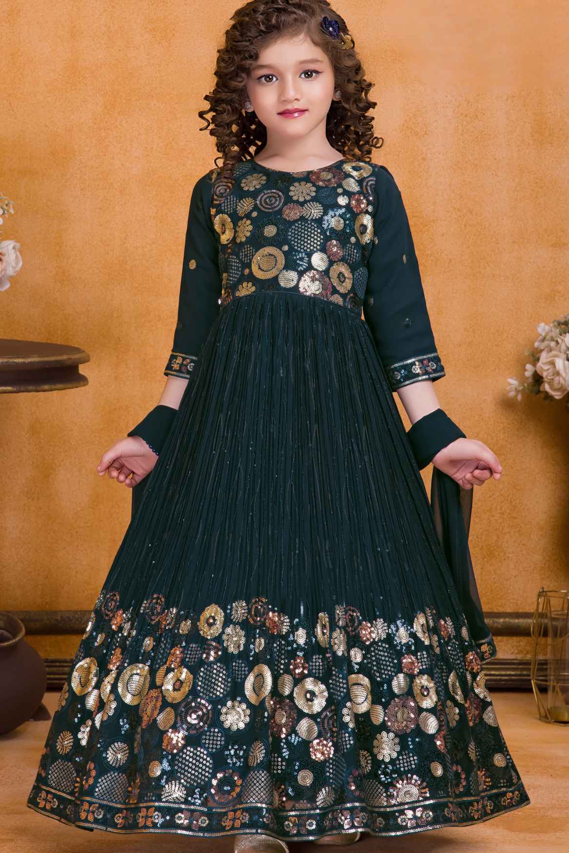 Classic Navy Blue Sequins Embroidery Ethnic Gown For Girl