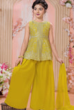 Yellow Sequins And Zari Embroidered Peplum Kurti With Palazzo Set for Girls