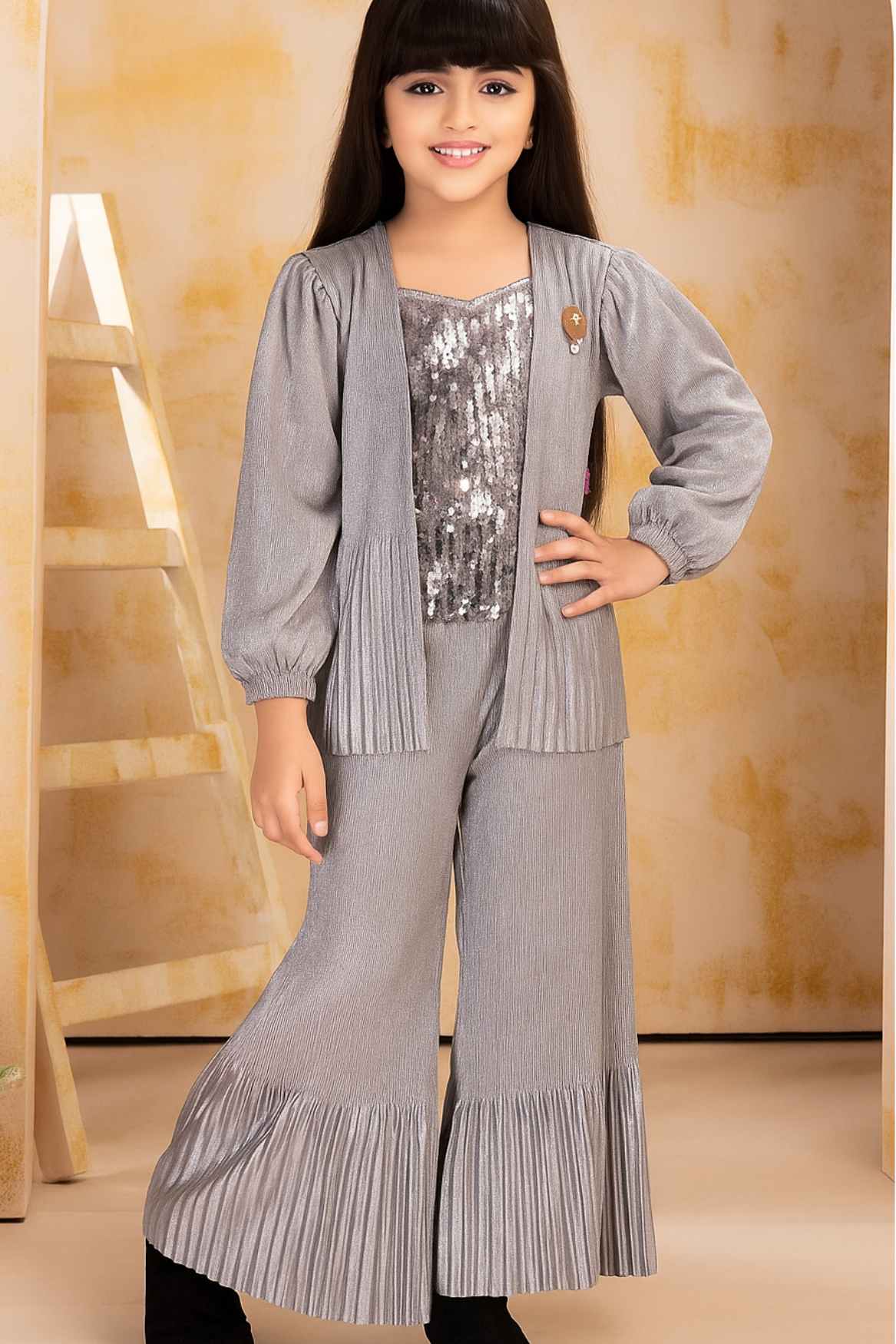 Silver Sequins Work Party Wear Palazzo Set With Overcoat For Girls