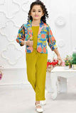 Mustard Co-ord Set With Printed Overcoat For Girls