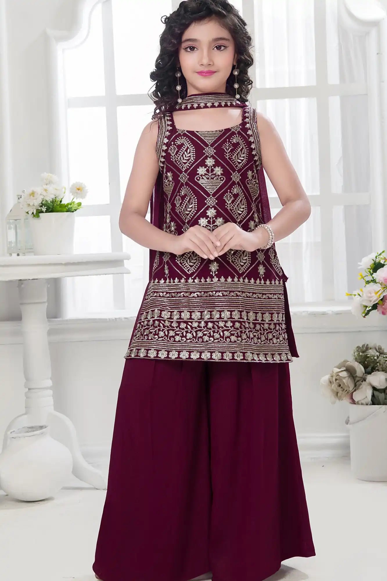 Wine Palazzo Set with Zari Embroidered Kurti and Dupatta For Girls