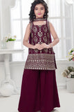 Wine Palazzo Set with Zari Embroidered Kurti and Dupatta For Girls