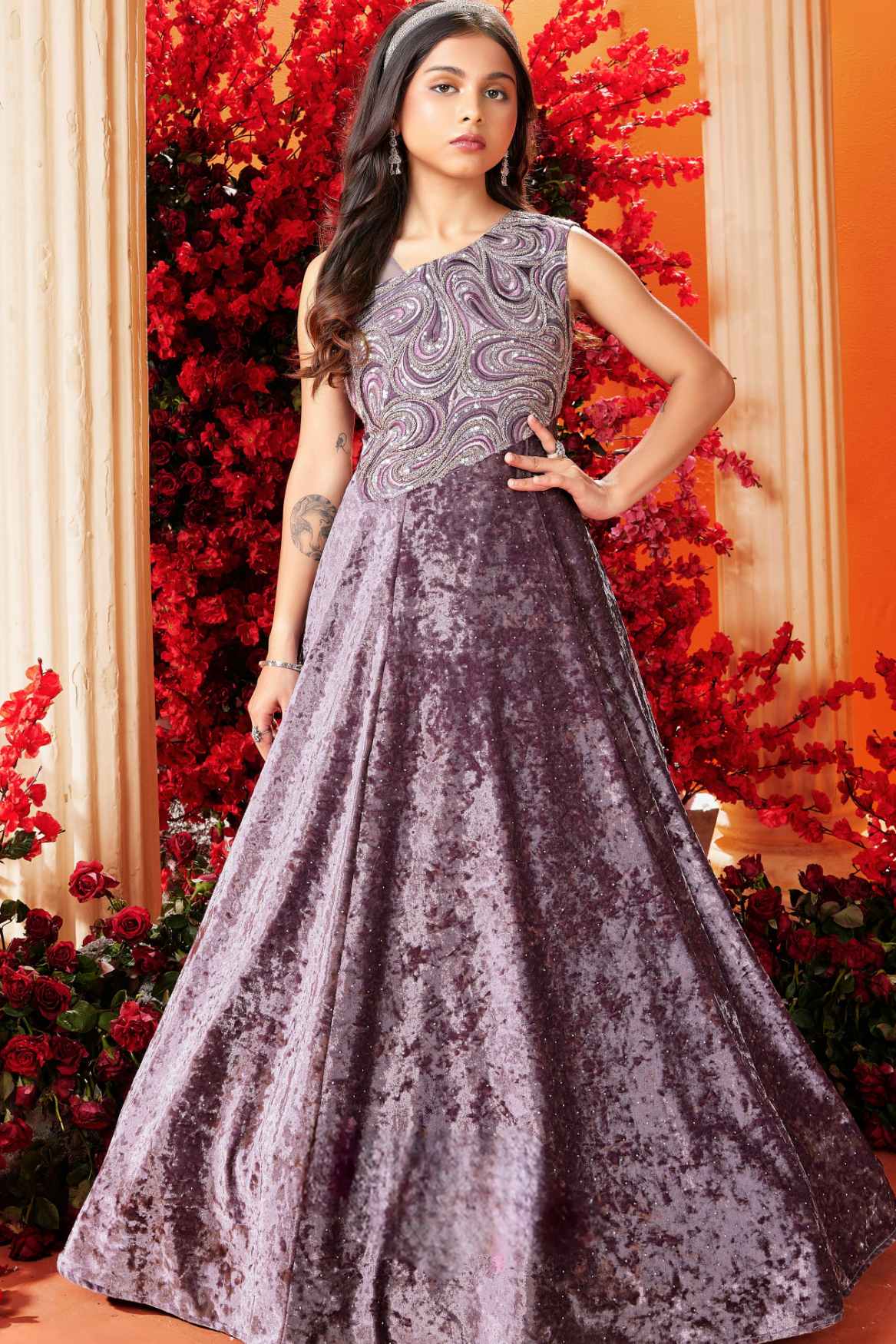 Purple Velvet Charm One-Shoulder Embroidered Gown For Girls