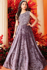 Purple Velvet Charm One-Shoulder Embroidered Gown For Girls
