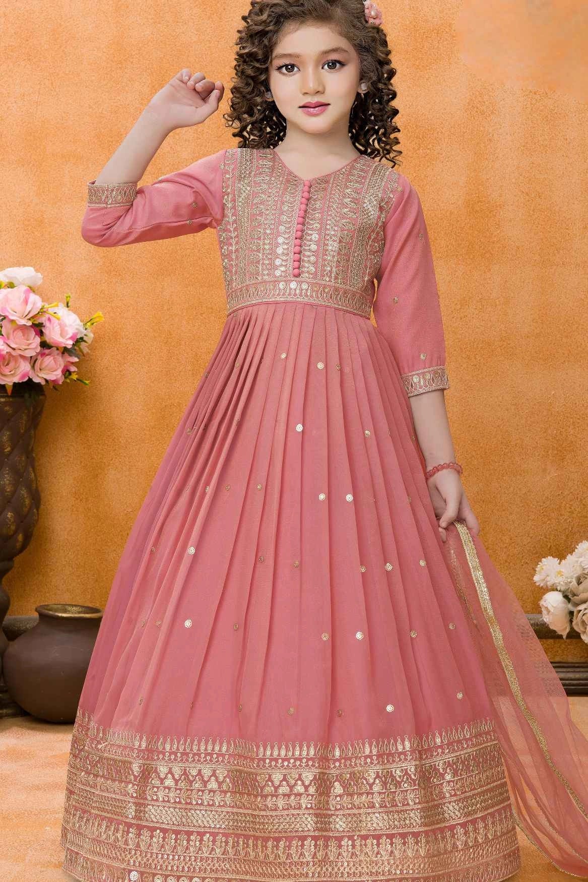 Peach Sequins Work And Zari Embroidered Ethnic Gown For Girls