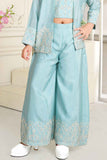 Sky Blue Sequins Work Palazzo Set With Overcoat For Girls
