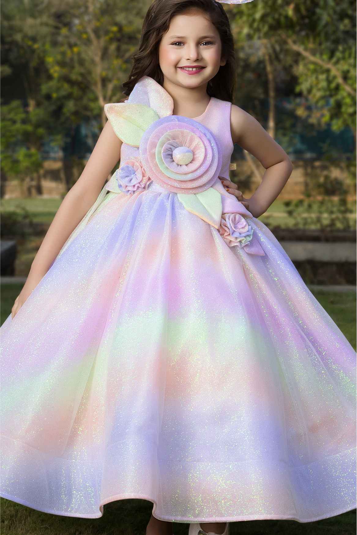 Multicolor Rainbow Princess Gown With Floral Embellishment For Girls - 1-2Y (16) Multicolor Rainbow Princess Gown With Floral Embellishment For Girls - 1-2Y (16)