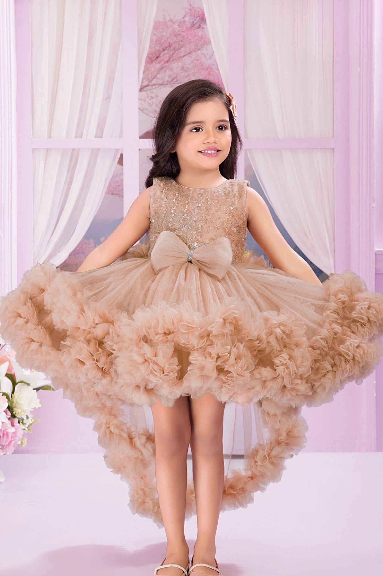 Fawn Sequin Bodice Party Wear Frock with Ruffle Hem & Bow Accent For Girls
