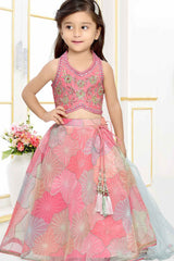 Pink Mirror Work And Sequin Embroidery Lehenga Choli Set For Girls