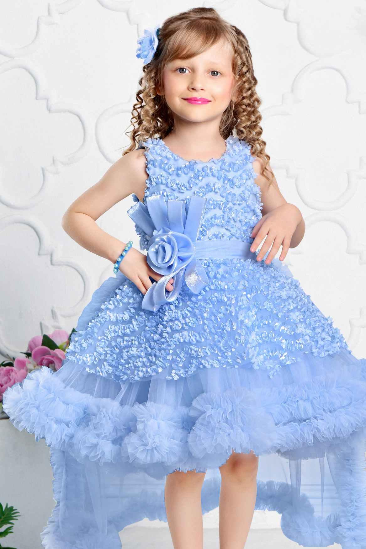 Blue Net Party Wear Tailback Frock Embellished With Floral For Girls - Lagorii Kids