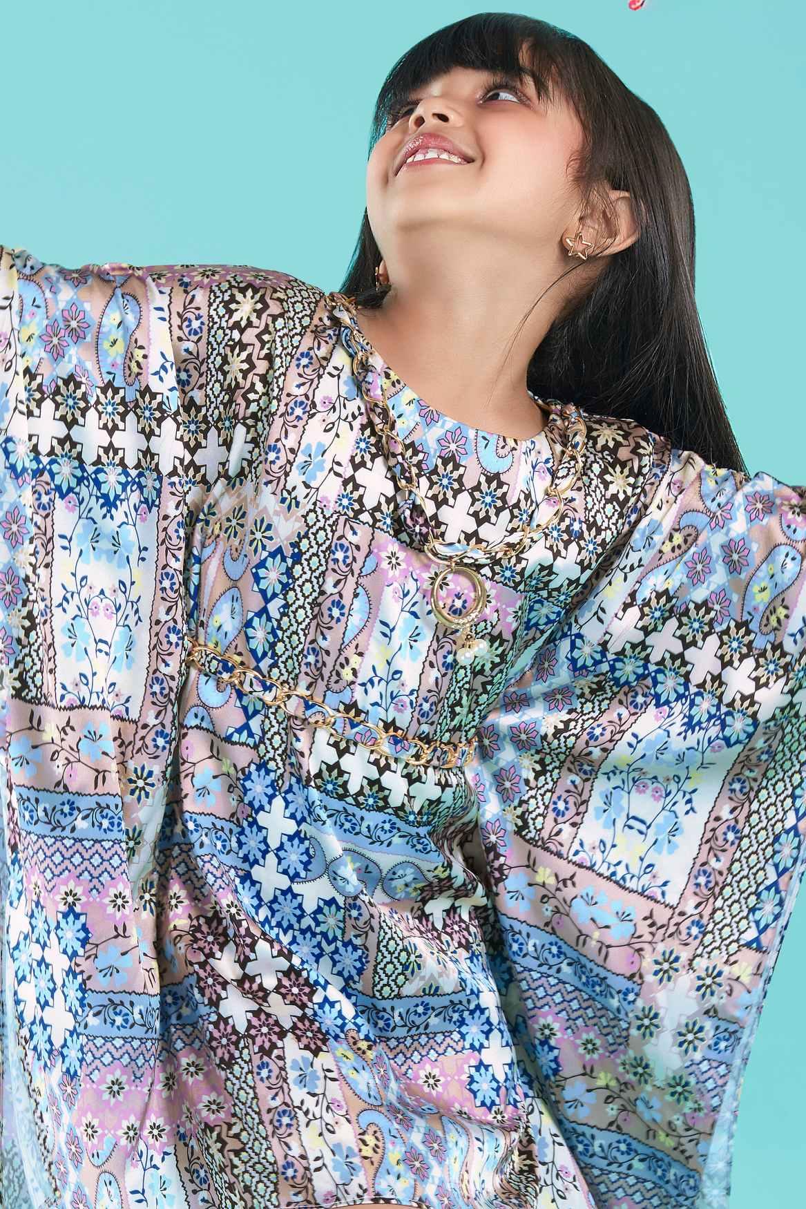 Stylish Multicolor Printed Dress With Butterfly Sleeves For Girls - Lagorii Kids