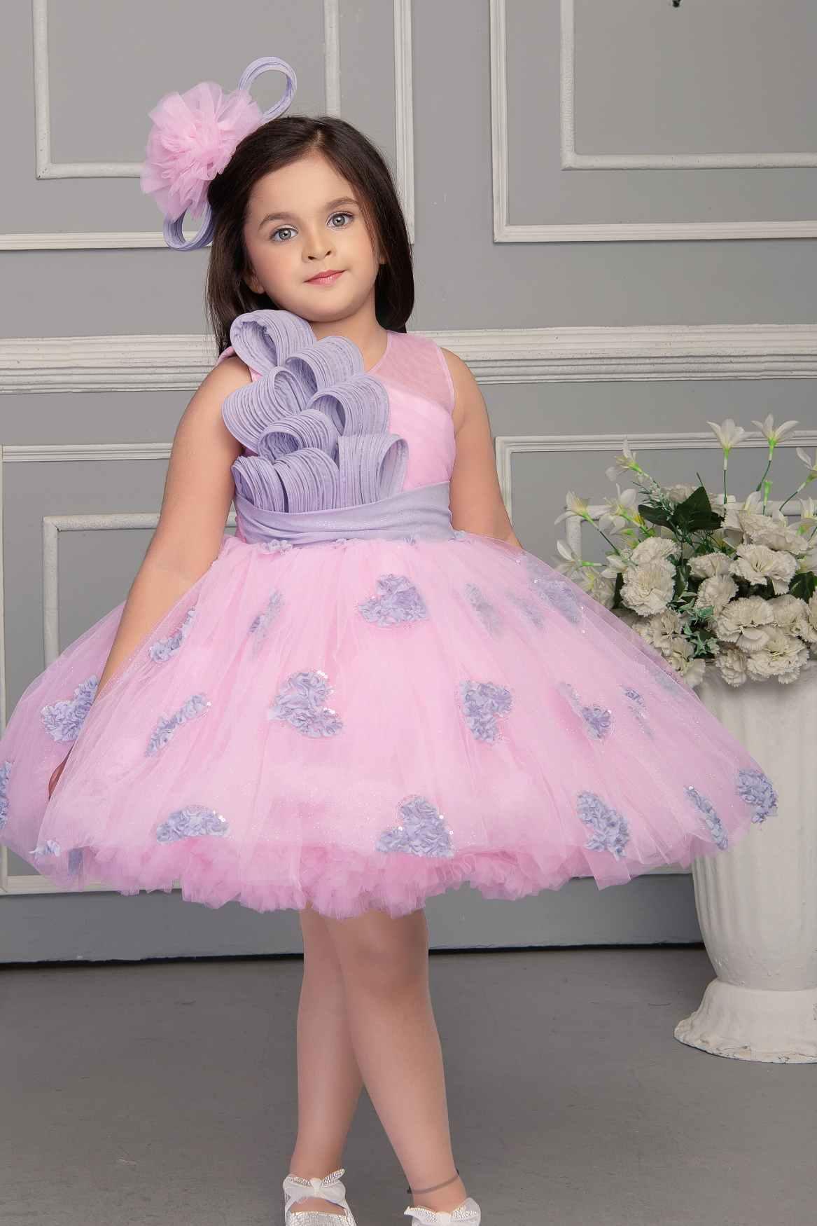 Pink Net Party Wear Frock Embellished With Grey Lace For Girls - Lagorii Kids