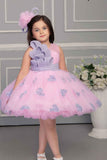 Pink Net Party Wear Frock Embellished With Grey Lace For Girls - Lagorii Kids