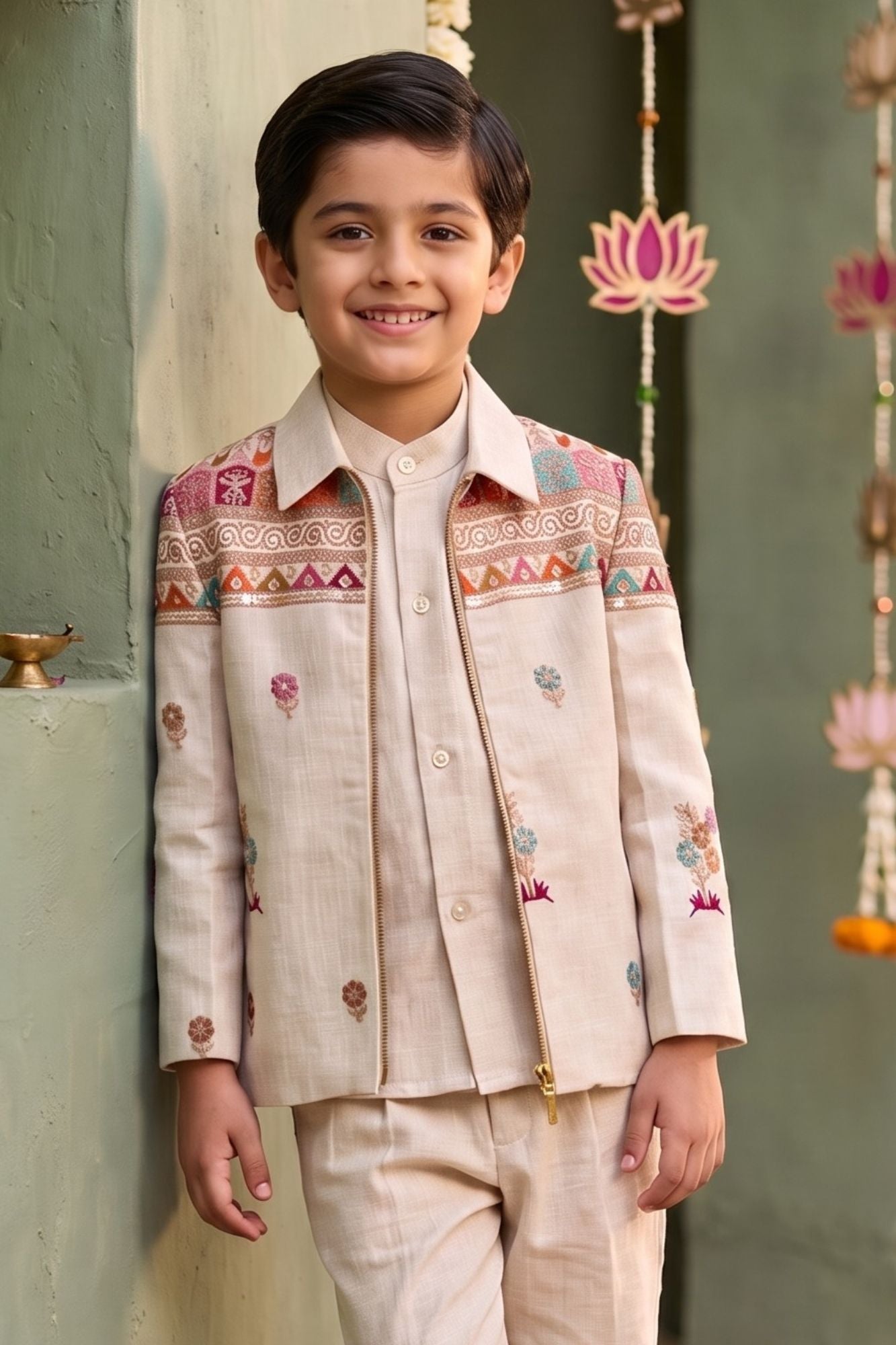 Boys Ivory Embroidered Coat Suit Set