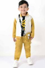 Mustard Jacket With Black T Shirt And Pant Set For Girls