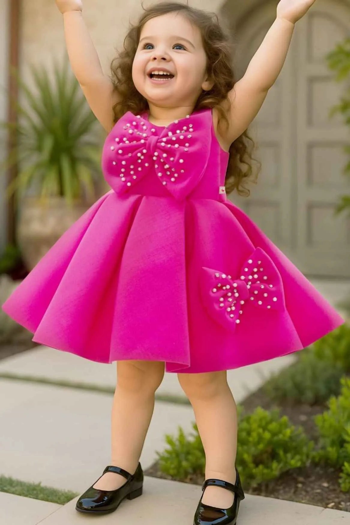 Rani Pink Party Frock With Pearl-Studded Bows For Girls