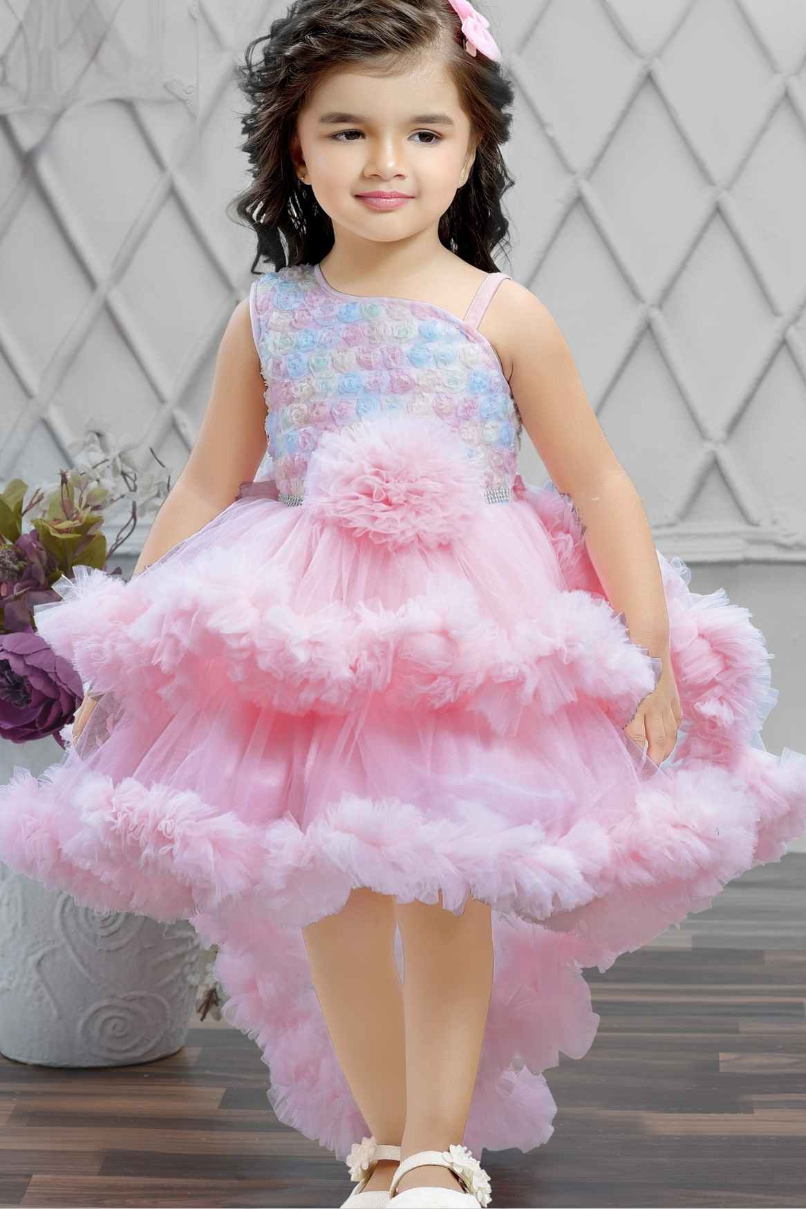Pastel Pink Tailback Frock With Floral Embellishment For Girls