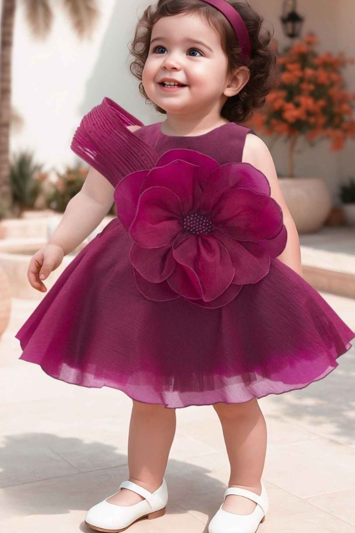 Wine Bloom Dress with Giant Flower Appliqué And Bow Detail For Girls