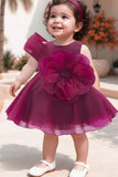 Wine Bloom Dress with Giant Flower Appliqué And Bow Detail For Girls