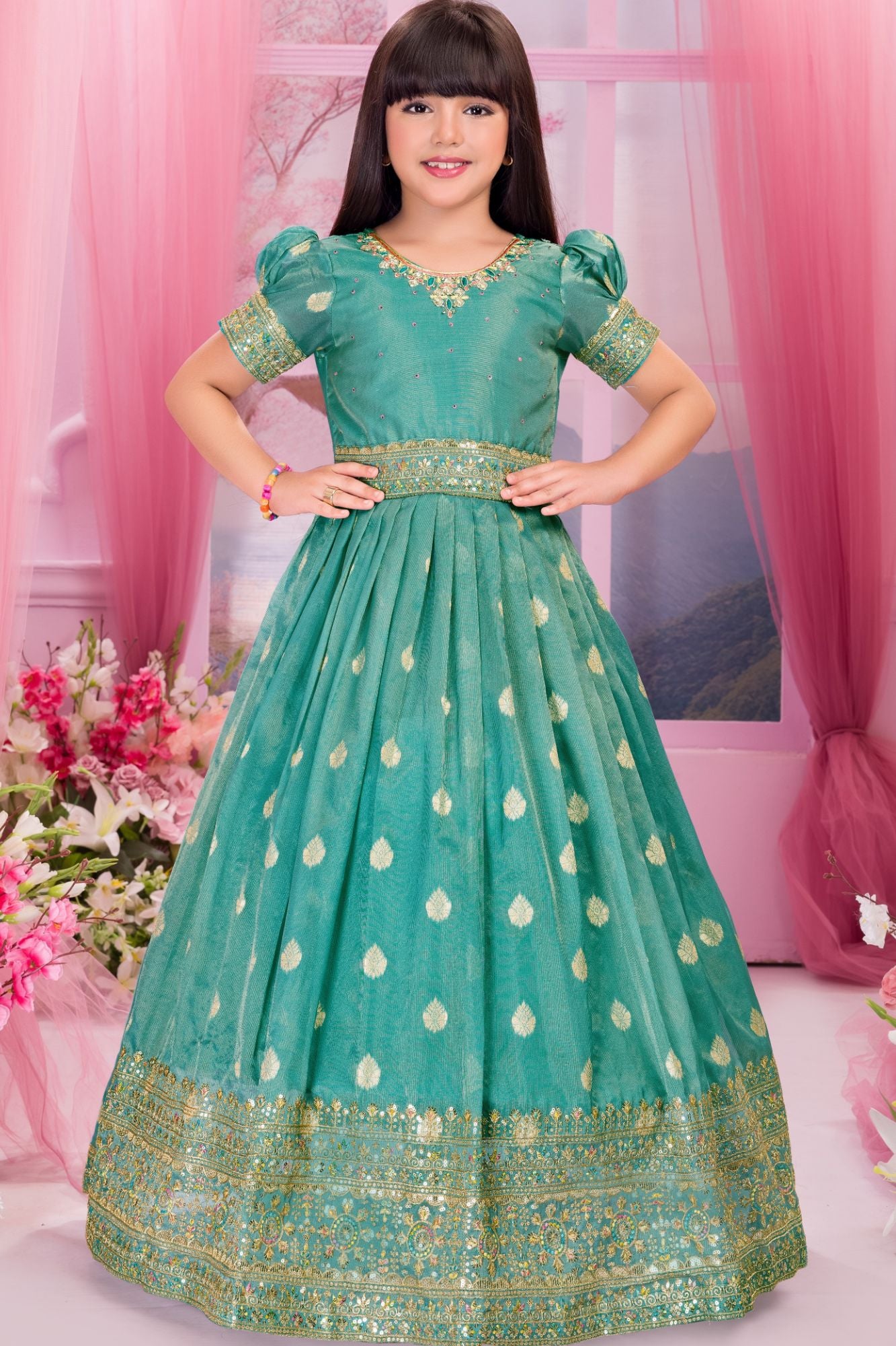 Sea Green Ethnic Gown For Girls