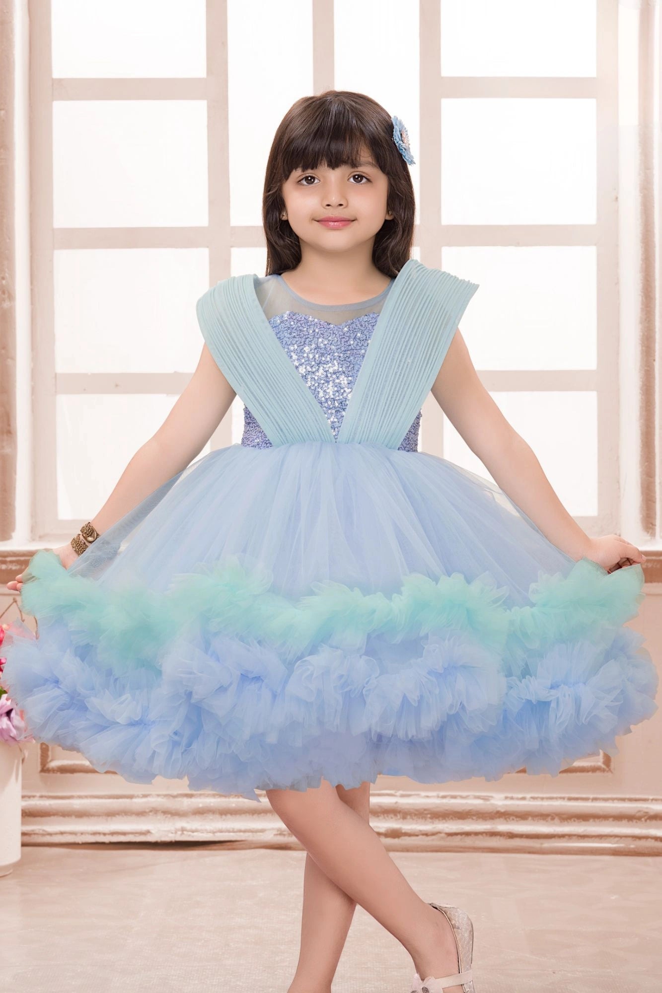 Blue Ruffle Party Frock with Sequins Embellishment For Girls