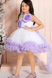 White And Lavender Layered Party Frock With 3D Floral Embellished For Girls