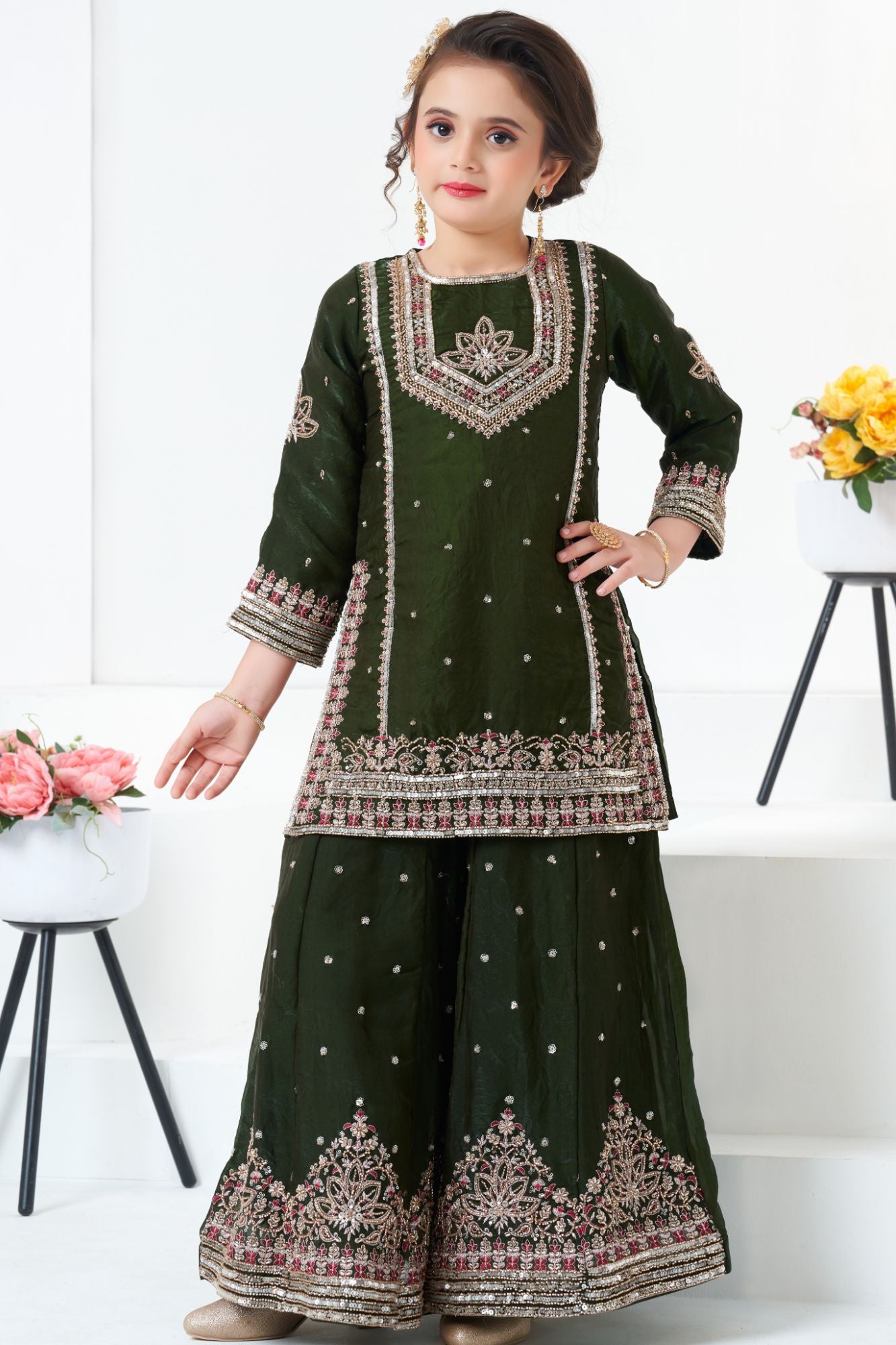 Dark Green Embroidered Kurti with Flared Palazzo Set For Girls