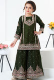 Dark Green Embroidered Kurti with Flared Palazzo Set For Girls