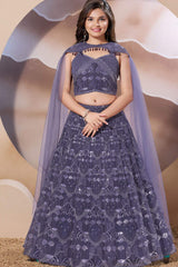 Lavender Embroidered Lehenga Choli Set With Cape Dupatta for Girls