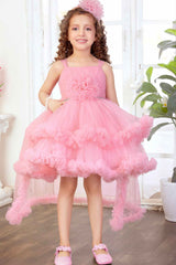 Peach Net Tailback Floral Embellishment Frock With Hairband For Girls