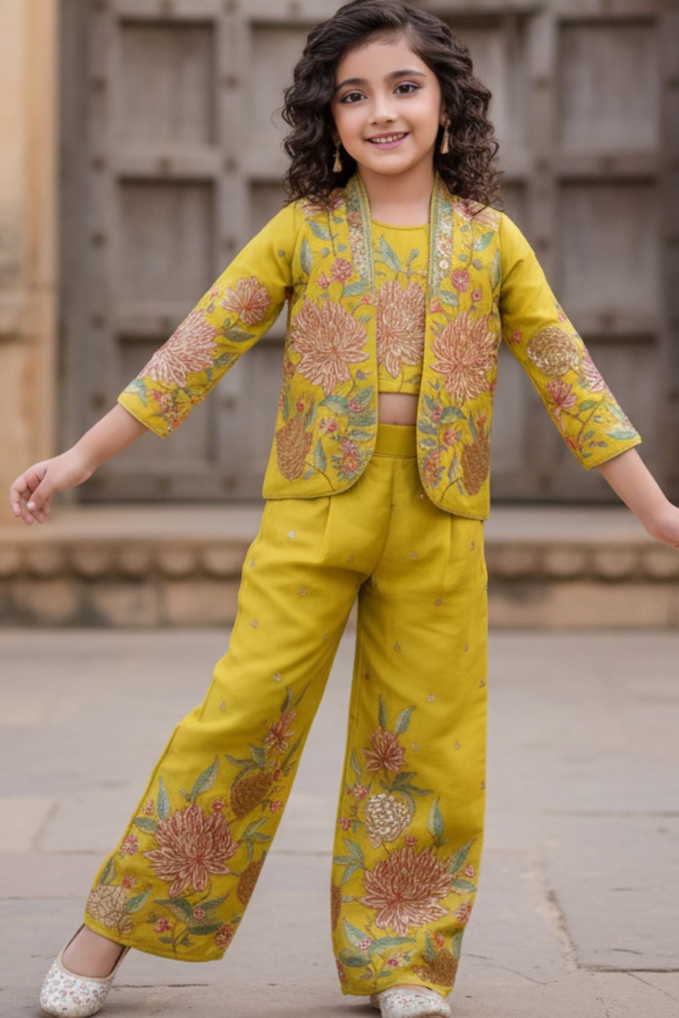 Golden Yellow Embroidered Ethnic Co-Ord Set With Jacket  For Girls