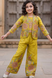 Golden Yellow Embroidered Ethnic Co-Ord Set With Jacket  For Girls