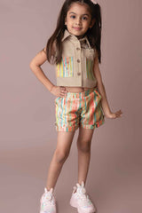 Multicolor Printed Shorts With Top Casual Wear Set For Girls