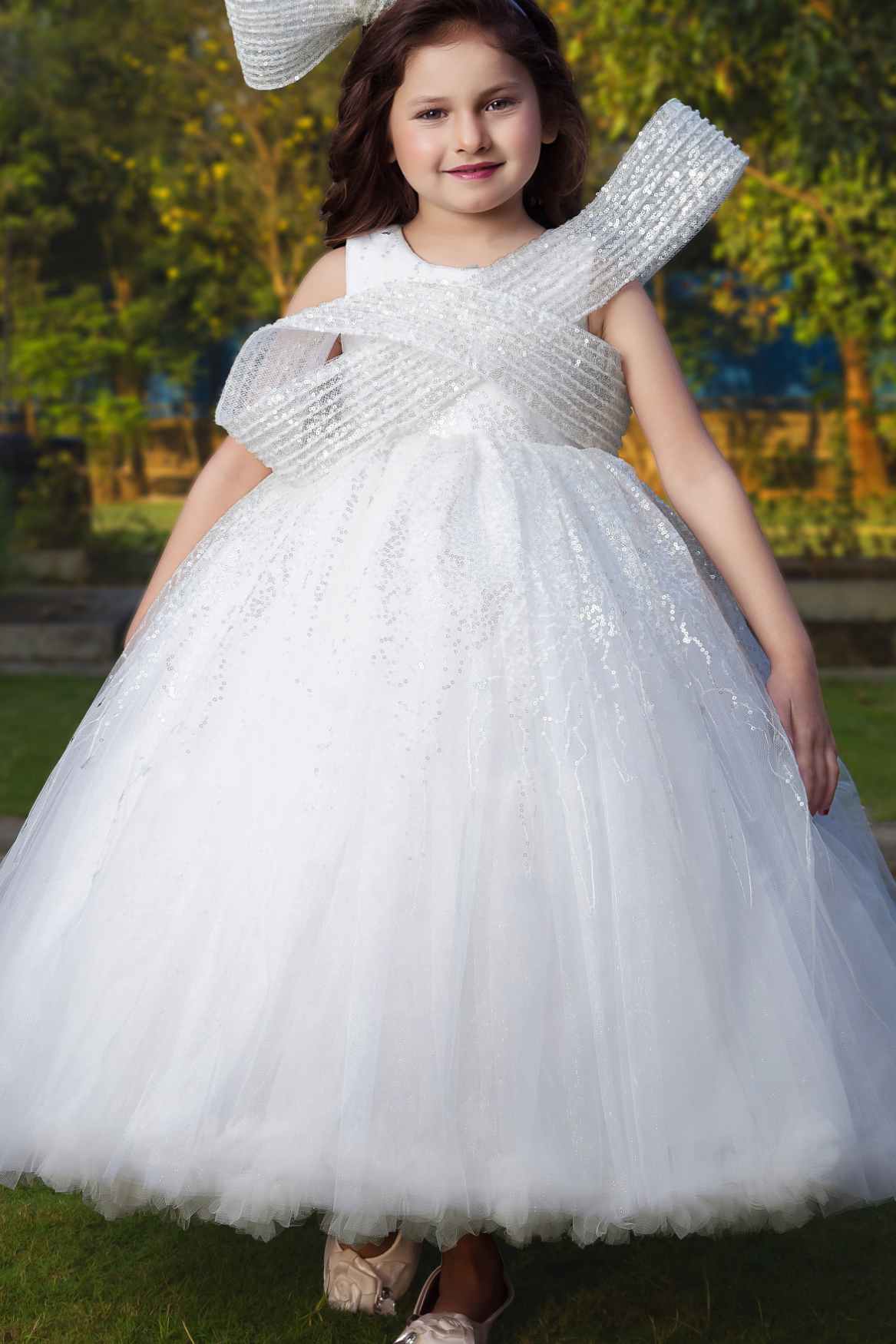 White Sequin Ball Gown With Crossover Bow For Girls