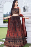 Brown Printed Crop Top with Pleated Lehenga and Dupatta For Girls