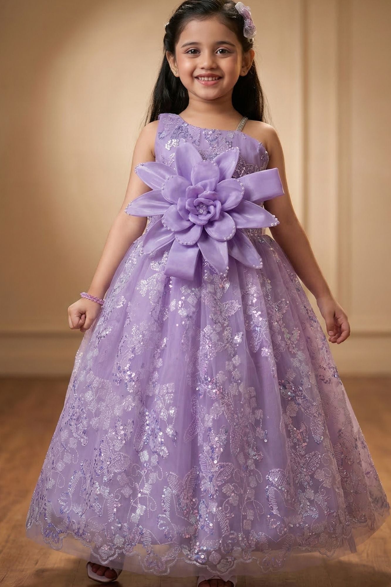 Lavender Floral Applique Assymetrical Party Wear Gown with Big Bow For Girls