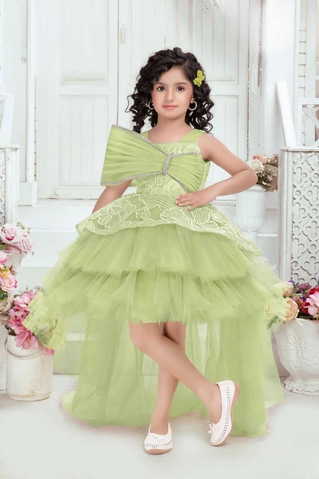 Designer Pista Green Bow Embellished And Sequins Work Party Wear Tail Back Frock for Girls
